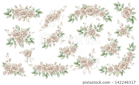 Vintage floral watercolor set. Collection of botanical elements and isolated on background. Decorative clipart with Rose Flowers for stationery, wedding invitations and scrapbook projects. Vintage floral watercolor set. Collection of botanical elements and isolated on background. Decorative clipart with Rose Flowers for stationery, wedding invitations and scrapbook projects. 142246317
