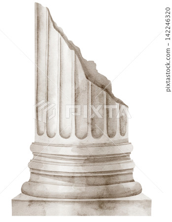 Roman column base watercolor illustration with a broken classical pillar fragment isolated on background. Ancient architecture Doric element for Mediterranean, archaeological and historical designs. Roman column base watercolor illustration with a broken classical pillar fragment isolated on background. Ancient architecture Doric element for Mediterranean, archaeological and historical designs. 142246320