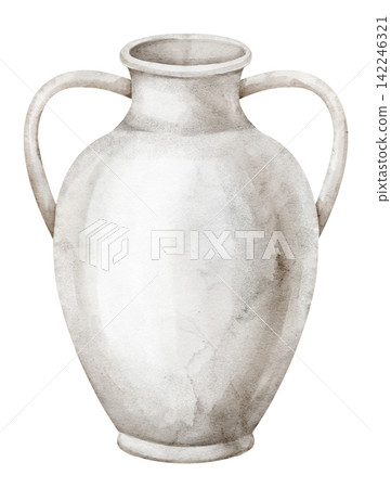 Roman amphora watercolor illustration. Art with pottery vase isolated on background. Ancient ceramic vessel with two handles for Mediterranean, classical, Greek and historical designs. Roman amphora watercolor illustration. Art with pottery vase isolated on background. Ancient ceramic vessel with two handles for Mediterranean, classical, Greek and historical designs. 142246321