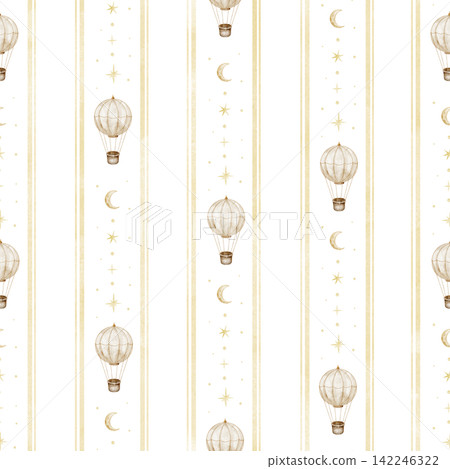 Hot air balloon seamless watercolor pattern isolated on background. Striped repeat with aircraft and crescent moon for fabric, nursery wallpaper and wrapping paper. Baby backdrop with aerostats. 142246322