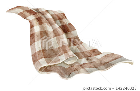 Checkered fabric watercolor illustration. Art of draped brown and cream textile isolated on background. Rustic cloth clipart for kitchen, picnic, Mediterranean, farmhouse and textile designs. 142246325