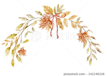 Autumn wreath watercolor illustration with fall leaves, branches and seasonal foliage isolated on background. Botanical frame for harvest festival greeting cards or Thanksgiving floral invitations. Autumn wreath watercolor illustration with fall leaves, branches and seasonal foliage isolated on background. Botanical frame for harvest festival greeting cards or Thanksgiving floral invitations. 142246326