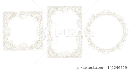 Lace frame watercolor set. Collection of elegant white borders and isolated on background. Clipart for wedding invitations, stationery and nursery greeting cards. Pastel backgrounds for Templates. 142246329