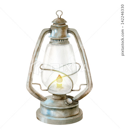 Lantern watercolor illustration with burning candle isolated on background. Rustic vintage lighting clipart for autumn greeting cards, farmhouse, camping, cozy interior and seasonal designs. 142246330