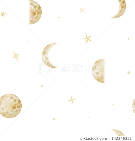Moon phases seamless watercolor pattern isolated on background. Celestial repeat with Crescent, full moon and stars for nursery textiles, fabric, wallpaper and wrapping paper. Baby design for bedtime. Moon phases seamless watercolor pattern isolated on background. Celestial repeat with Crescent, full moon and stars for nursery textiles, fabric, wallpaper and wrapping paper. Baby design for bedtime. 142246331