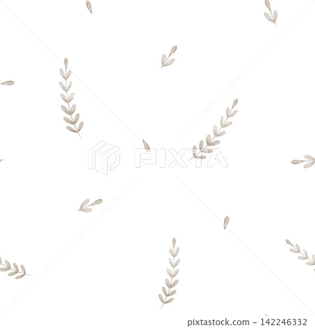 Leaf seamless watercolor pattern isolated on background. Minimal botanical repeat with beige branches for fabric, wallpaper, stationery, nursery textiles and surface design. Leaf seamless watercolor pattern isolated on background. Minimal botanical repeat with beige branches for fabric, wallpaper, stationery, nursery textiles and surface design. 142246332