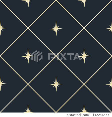 Star seamless watercolor pattern on dark blue background. Minimal celestial repeat with diamond shape in golden colors for fabric, wallpaper, nursery textiles and wrapping paper. Childish design. Star seamless watercolor pattern on dark blue background. Minimal celestial repeat with diamond shape in golden colors for fabric, wallpaper, nursery textiles and wrapping paper. Childish design. 142246333