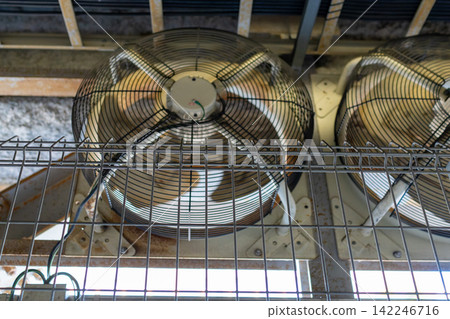 A machinery and equipment area lined with large industrial axial flow fans. A machinery and equipment area lined with large industrial axial flow fans. 142246716