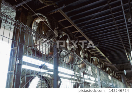 A machinery and equipment area lined with large industrial axial flow fans. A machinery and equipment area lined with large industrial axial flow fans. 142246724