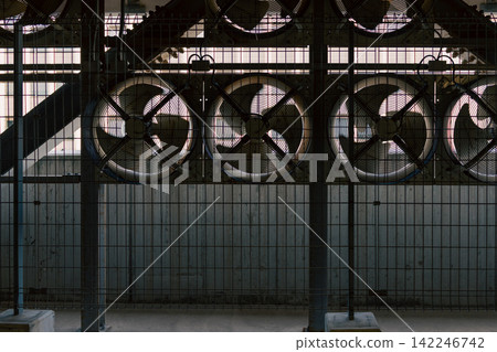 Wide view of large-scale ventilation equipment supporting industrial infrastructure Wide view of large-scale ventilation equipment supporting industrial infrastructure 142246742