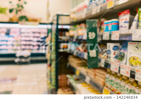 一張模糊的超市照片,商品仍陳列在貨架上。 一張模糊的超市照片,商品仍陳列在貨架上。 142246834