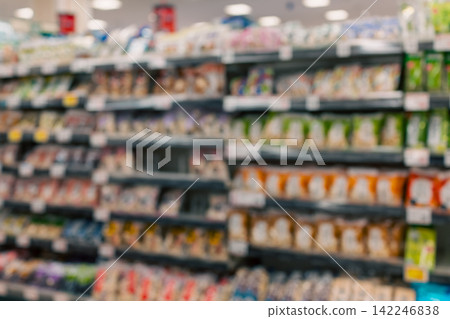 一張模糊的超市照片,商品仍陳列在貨架上。 一張模糊的超市照片,商品仍陳列在貨架上。 142246838