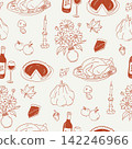 Whimsical Thanksgiving seamless pattern with roasted turkey, pies, pumpkins, apples, flowers, candles, wine, mushrooms, acorns and autumn leaves in monochrome terracotta line art on a cream background 142246966