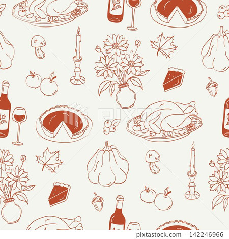 Whimsical Thanksgiving seamless pattern with roasted turkey, pies, pumpkins, apples, flowers, candles, wine, mushrooms, acorns and autumn leaves in monochrome terracotta line art on a cream background Whimsical Thanksgiving seamless pattern with roasted turkey, pies, pumpkins, apples, flowers, candles, wine, mushrooms, acorns and autumn leaves in monochrome terracotta line art on a cream background 142246966