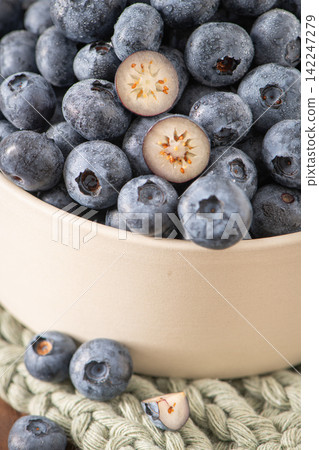 Fresh blueberries with water droplets in ceramic bowl Fresh blueberries with water droplets in ceramic bowl 142247279