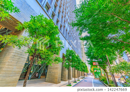 Urban landscape along Showa-dori Avenue in Chuo Ward, Tokyo, near Kyobashi 2-chome. 142247669