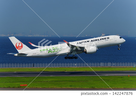 一架客機飛向晴朗的夏日天空。 一架客機飛向晴朗的夏日天空。 142247876