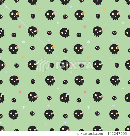 Cute Kawaii Black Skull and Pastel Flower Seamless Pattern on Sage Green Background Cute Kawaii Black Skull and Pastel Flower Seamless Pattern on Sage Green Background 142247903