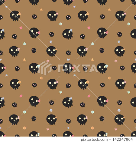 Cute Kawaii Black Skull and Pastel Flower Seamless Pattern on Coffee Brown Background Cute Kawaii Black Skull and Pastel Flower Seamless Pattern on Coffee Brown Background 142247904