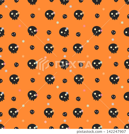 Cute Kawaii Black Skull and Pastel Flower Seamless Pattern on Orange Background 142247907