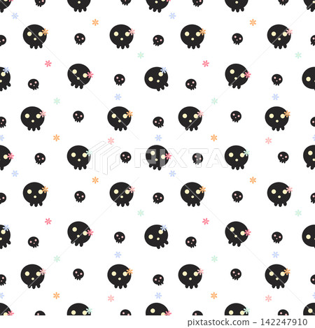 Cute Kawaii Black Skull and Pastel Flower Seamless Pattern on White Background Cute Kawaii Black Skull and Pastel Flower Seamless Pattern on White Background 142247910