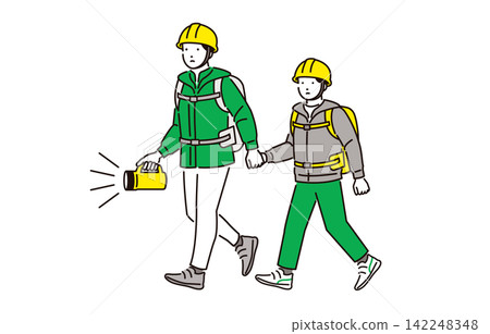 Parents and children evacuating during a disaster 142248348