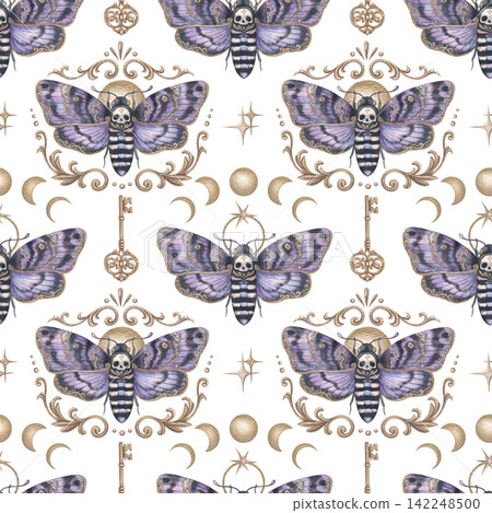 Purple death head moth with gold filigree key and moon phase seamless pattern. Hand drawn watercolor Acherontia atropos. Astrology graphic for halloween design. Gothic repeat for fabric or wallpaper. Purple death head moth with gold filigree key and moon phase seamless pattern. Hand drawn watercolor Acherontia atropos. Astrology graphic for halloween design. Gothic repeat for fabric or wallpaper. 142248500