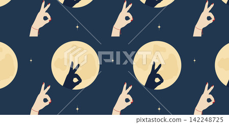 Shadow rabbit made of human hand fingers with full moon Mid Autumn Festival Seamless Pattern Banner. Isolated Vector illustration Media banner Packaging backdrop, wrapping or wallpaper, print, textile 142248725