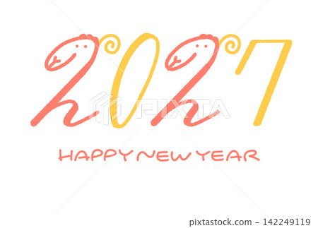 可愛的新年賀卡,以綿羊和2027年數字標誌為特色。羊年。新年設計。 可愛的新年賀卡,以綿羊和2027年數字標誌為特色。羊年。新年設計。 142249119