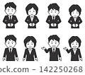 【圖示】【不同髮型】一男一女身穿象牙黑西裝。四種不同的姿勢，包括鞠躬和招手。 142250268