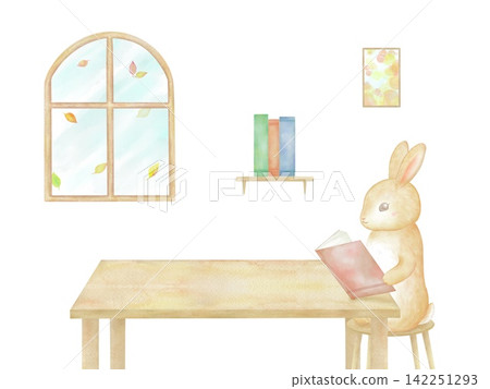 A charming watercolor illustration of a rabbit intently reading a book at a desk. A charming watercolor illustration of a rabbit intently reading a book at a desk. 142251293