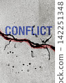 Cracked surface with geopolitics text divided by red line representing global conflict 142251348