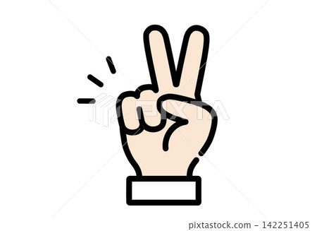 A color icon illustration of a hand making a peace sign, with sleeves. A color icon illustration of a hand making a peace sign, with sleeves. 142251405