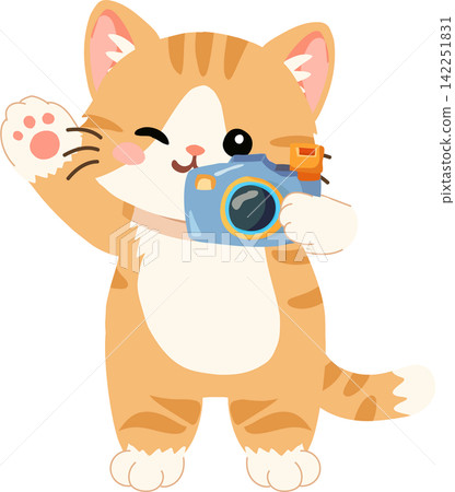 Cartoon orange kitten photographer holding digital camera adorable pet mascot illustration for photography concept Cartoon orange kitten photographer holding digital camera adorable pet mascot illustration for photography concept 142251831