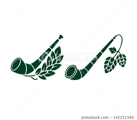 Oktoberfest traditional German smoking pipe icon set with hop cones Oktoberfest traditional German smoking pipe icon set with hop cones 142252348