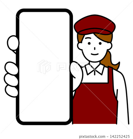 一位女咖啡館員工將她的智慧型手機螢幕放大展示。 142252425