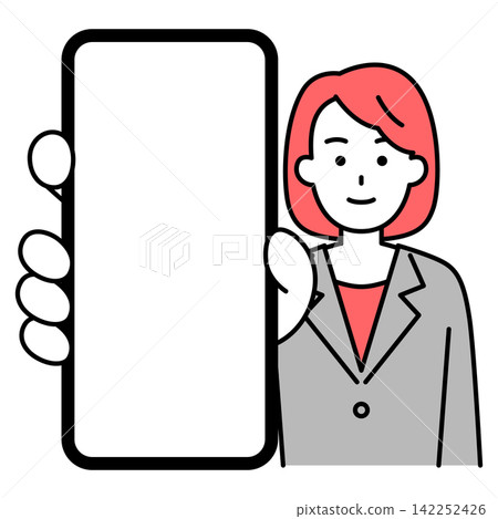 A woman in a suit showing her smartphone screen in a larger size. A woman in a suit showing her smartphone screen in a larger size. 142252426