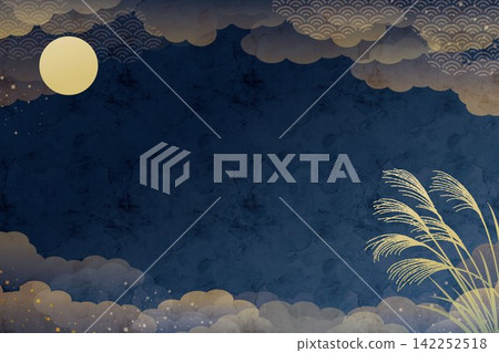 A navy blue Japanese-style autumn background depicting a full moon and pampas grass. A navy blue Japanese-style autumn background depicting a full moon and pampas grass. 142252518