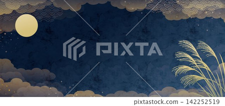 A navy blue Japanese-style autumn background depicting a full moon and pampas grass. A navy blue Japanese-style autumn background depicting a full moon and pampas grass. 142252519