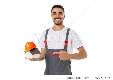 Man with tools and helmet shows model house, PNG 142252526