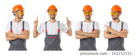 Set, Young man in safety gear strikes poses at work, PNG Set, Young man in safety gear strikes poses at work, PNG 142252531