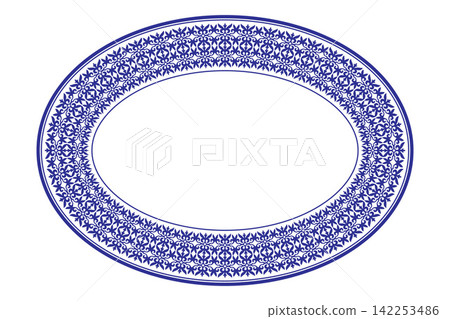 Decorative oval frame. Elegant element for design in Eastern style, place for text. Floral blue border. Lace illustration for invitations and greeting cards. Decorative oval frame. Elegant element for design in Eastern style, place for text. Floral blue border. Lace illustration for invitations and greeting cards. 142253486