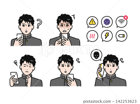 A simple vector illustration set featuring a male student in a school uniform holding a smartphone, expressing negative emotions. A simple vector illustration set featuring a male student in a school uniform holding a smartphone, expressing negative emotions. 142253623