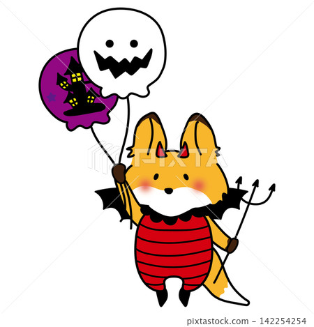一隻打扮成惡魔的狐狸拿著一個萬聖節氣球。 一隻打扮成惡魔的狐狸拿著一個萬聖節氣球。 142254254