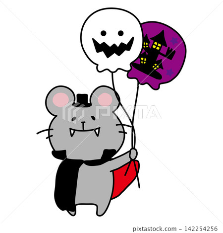 A mouse dressed as Dracula holding a Halloween balloon. 142254256