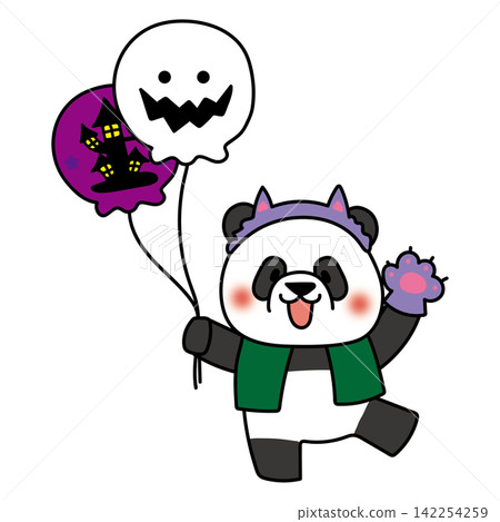 一隻打扮成狼人的熊貓拿著一個萬聖節氣球。 一隻打扮成狼人的熊貓拿著一個萬聖節氣球。 142254259