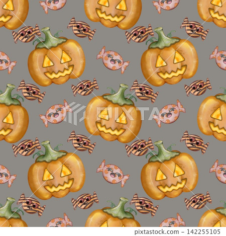 Halloween seamless pattern illustration, Hand drawn Watercolor collection for background, textile, wallpaper or print design. Halloween seamless pattern illustration, Hand drawn Watercolor collection for background, textile, wallpaper or print design. 142255105