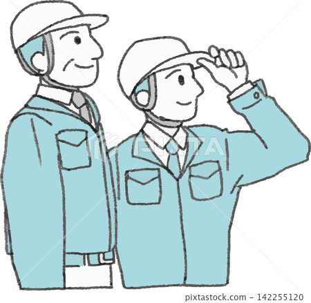 Illustration of an older man and a younger man in work clothes facing left (motivation, skill transfer, facing left, 2 colors, vector) Illustration of an older man and a younger man in work clothes facing left (motivation, skill transfer, facing left, 2 colors, vector) 142255120