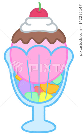 Cute cartoon ice cream sundae in glass cup with mixed fruits Cute cartoon ice cream sundae in glass cup with mixed fruits 142255147