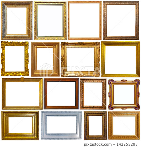 Isolated on white art empty frames in golden and silvery color Isolated on white art empty frames in golden and silvery color 142255295